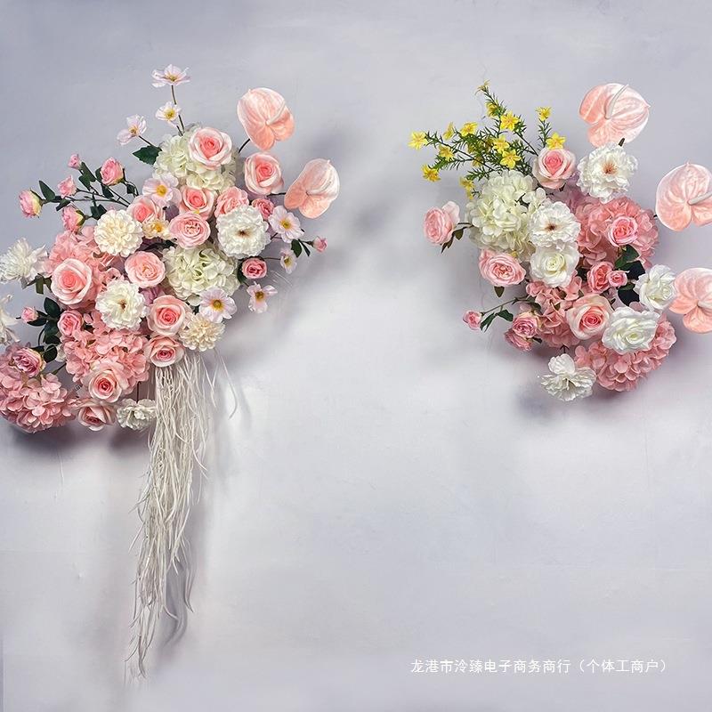 婚礼装饰粉色壁挂花艺 板墙面摄影背景布置绢花挂花地排花