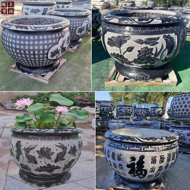 石缸青石雕花鱼缸 汉白玉荷花鲤鱼福字石材鱼缸 庭院别墅石雕缸