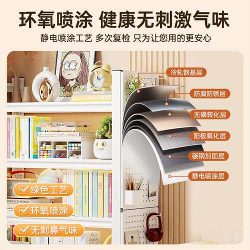 客厅收纳储物架一体靠墙钢制书架多层落地置物架家用儿童简易书柜