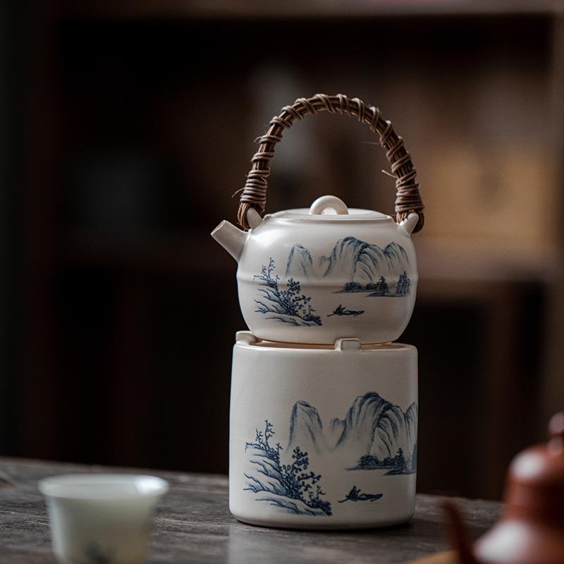 弥言围炉煮茶套装蜡烛酒精炉煮温茶器户外烤茶炉复古粗陶藤编茶壶图片