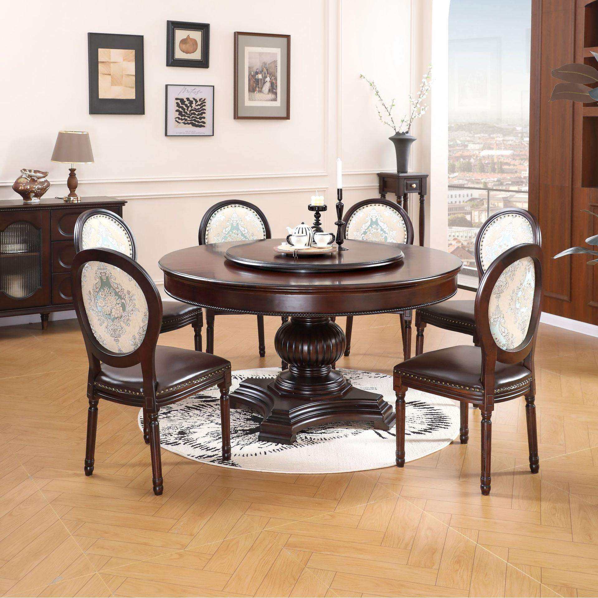 美式乡村全实木餐桌小户型餐桌椅组合家用客厅中古风大圆桌吃饭桌