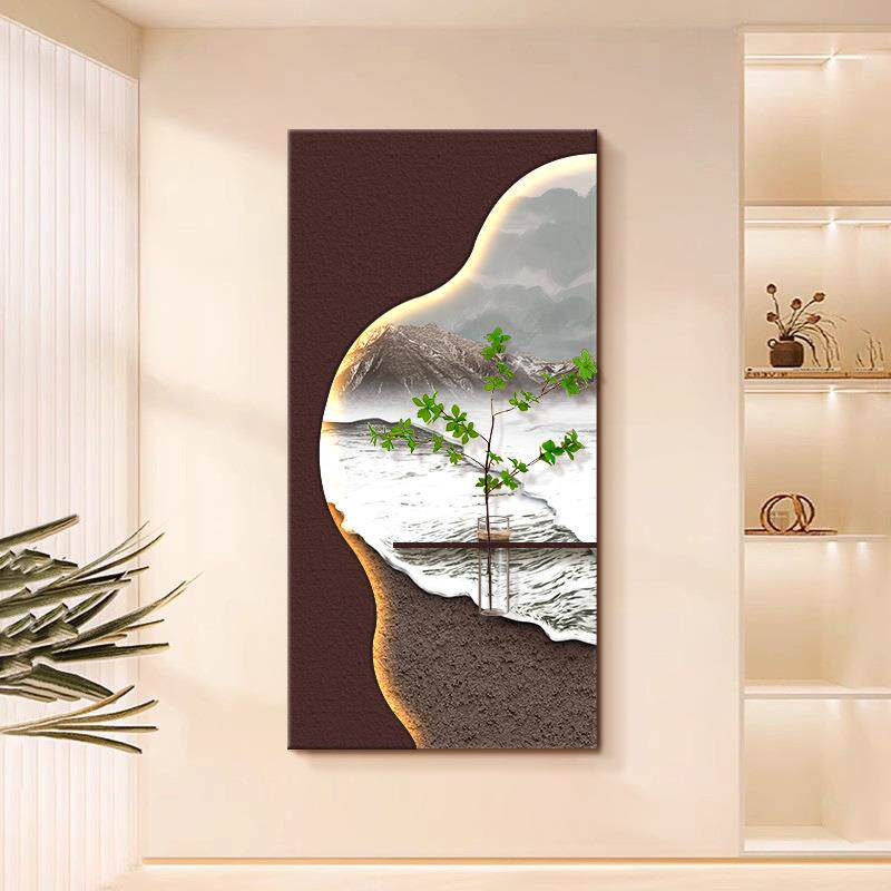 立体砂岩玄关装饰画大海风景画led壁灯挂画高档大气走廊过道壁画