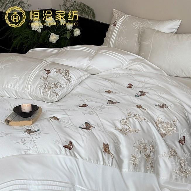 中式国风夏季莱赛尔四件套透气冰丝竹子蝴蝶提花刺绣被套床品白色