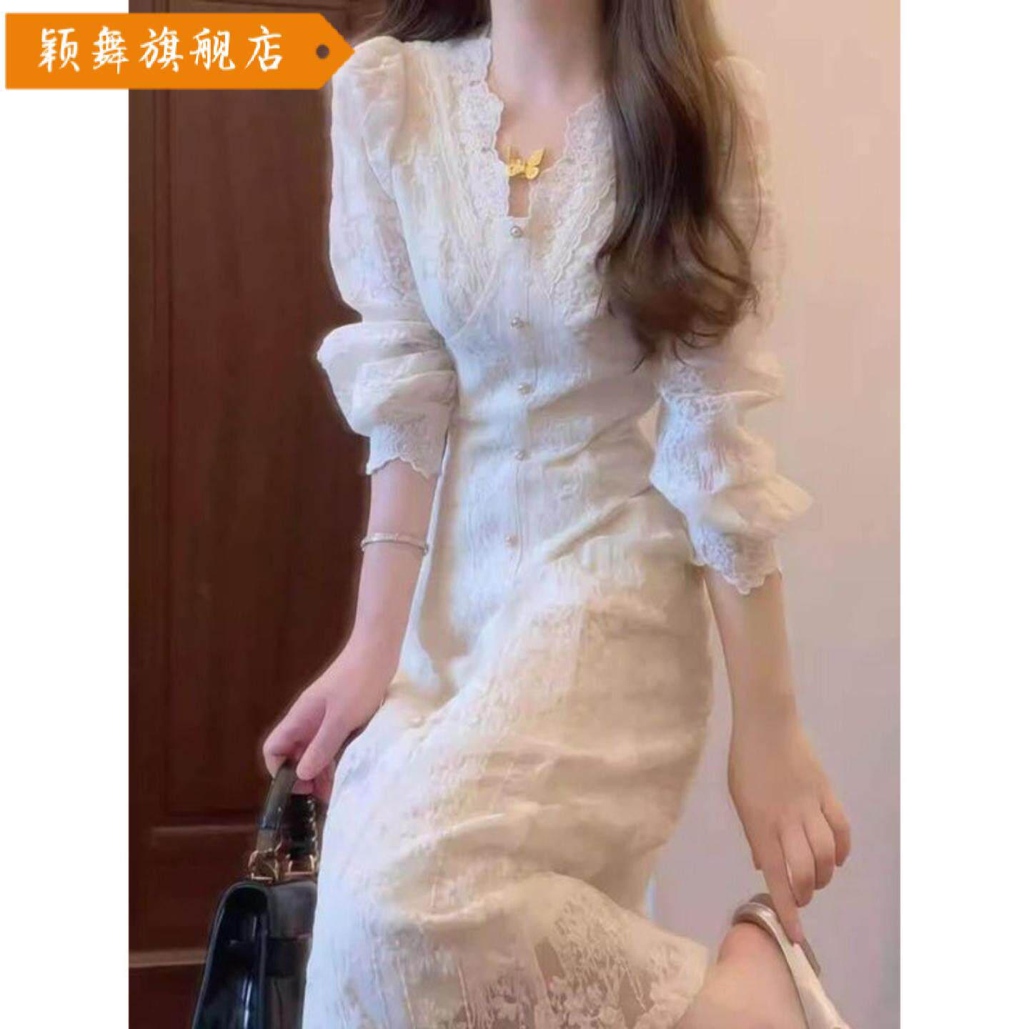 温柔风蕾丝刺绣加绒法式连衣裙女