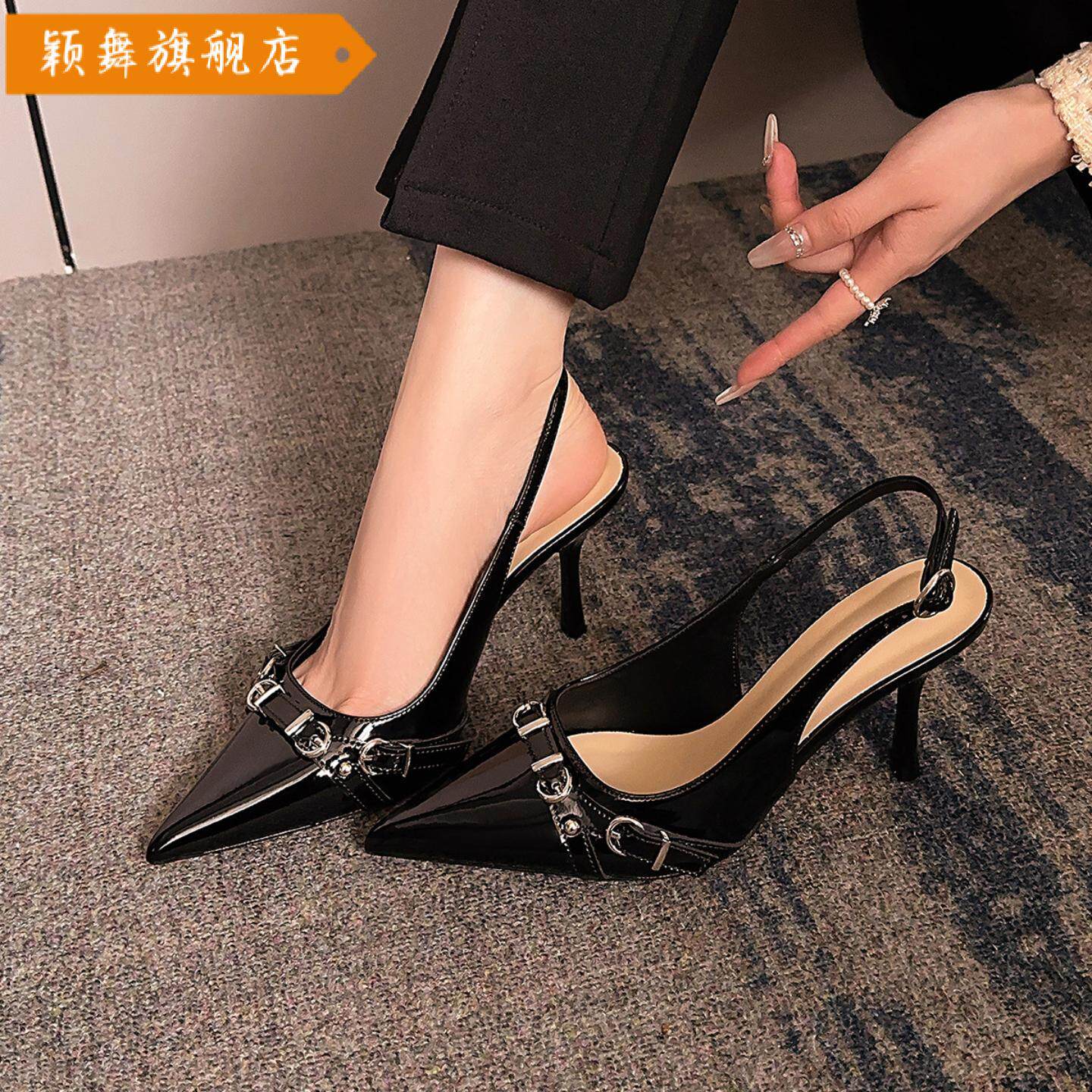 秋季皮带扣漆皮高跟鞋加宽胖脚一字带包头凉鞋朋克风单鞋女