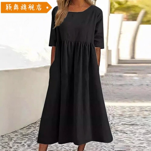 春款圆领分袖大码休闲宽松长款纯色棉麻连衣裙