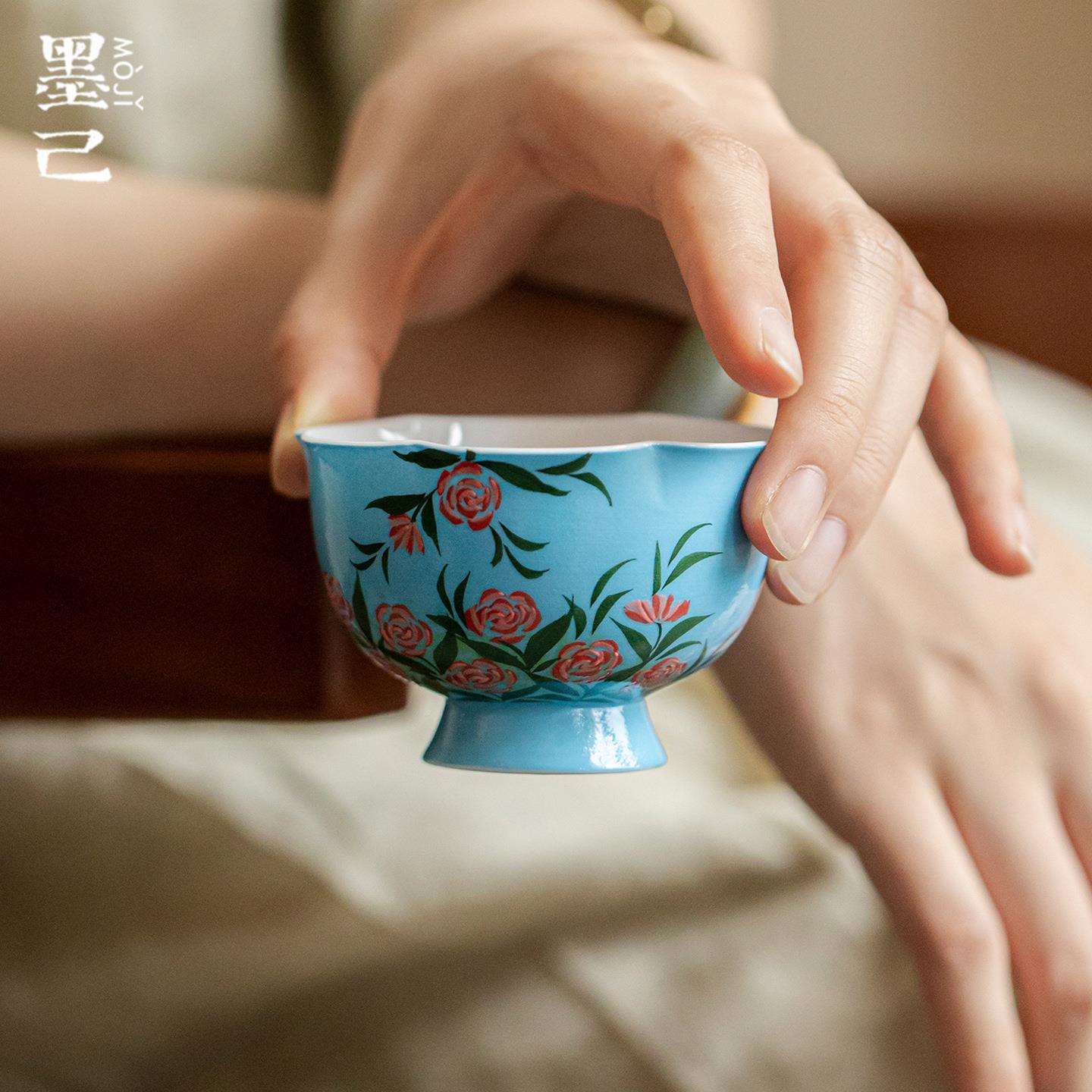 墨己油画风玫瑰花高颜值手绘陶瓷主人杯家用高足花口茶杯品茗杯