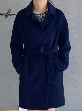 M/RROR FUN 翻领系带宽松简约中长款双面呢羊绒大衣毛呢外套女
