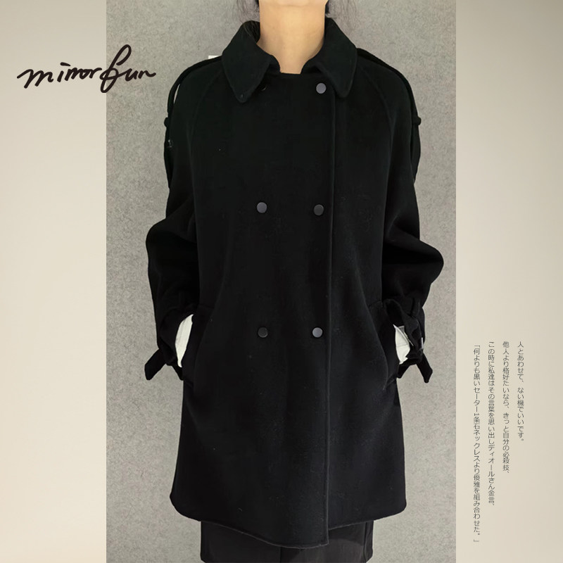 M/RROR FUN 冬装新款 双排扣插肩袖肩章袖口装饰带双面呢大衣女