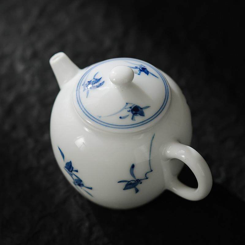 釉下纯手绘茶壶 猪油白陶瓷兰花防烫主泡壶 家用茶具泡茶壶泡茶器