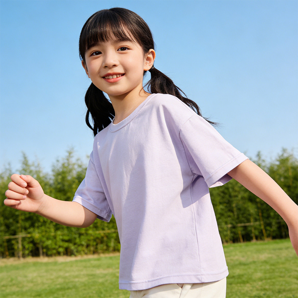 儿童夏季纯色短袖T恤男童女童糖果色圆领百搭上衣家居服中大童A类