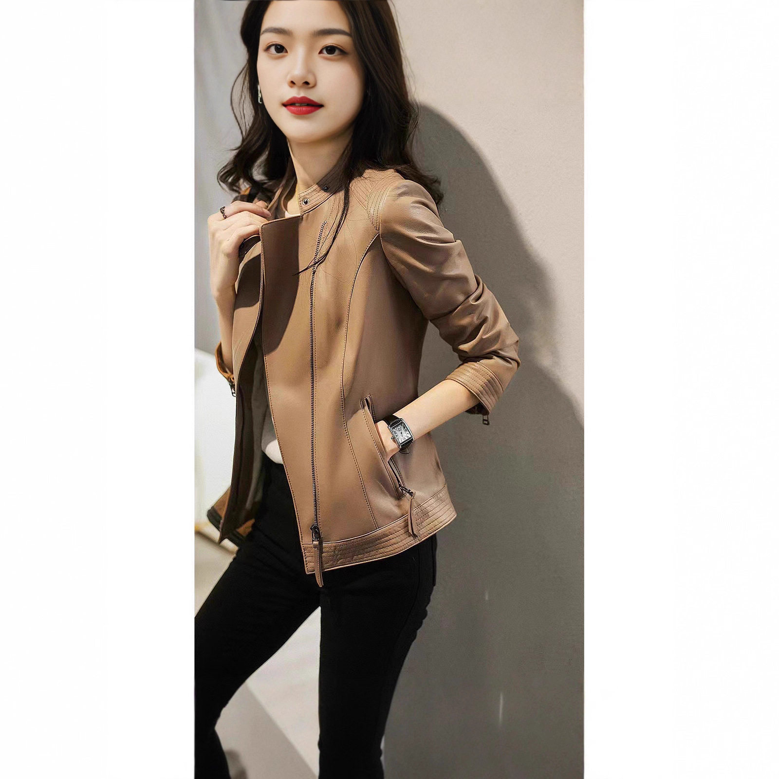春秋机车真皮绵羊皮皮夹克立领小皮衣女短款修身显瘦外套少女风