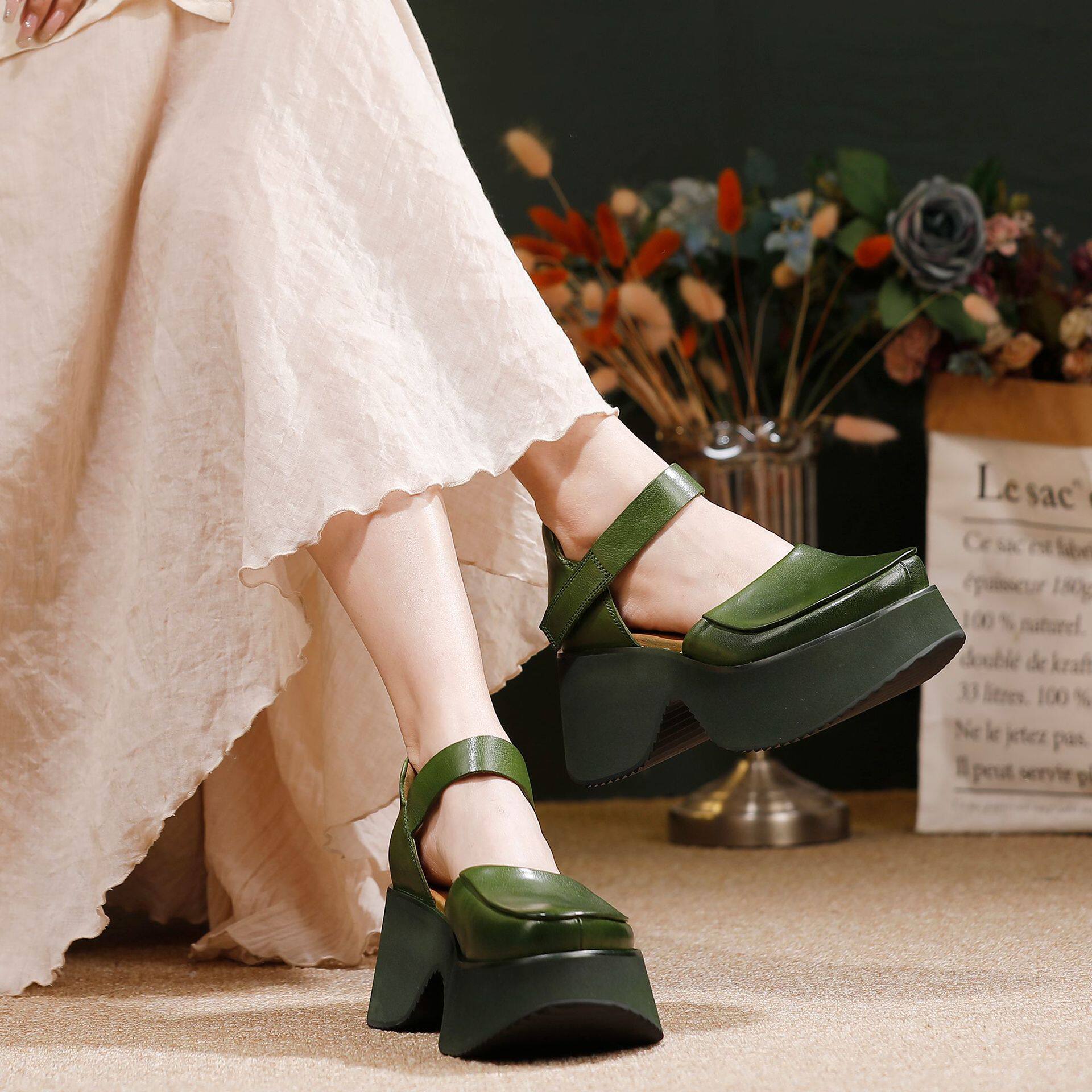 小个子真皮厚底鞋女回古原创2026年春夏新款一字带包头复古凉鞋子