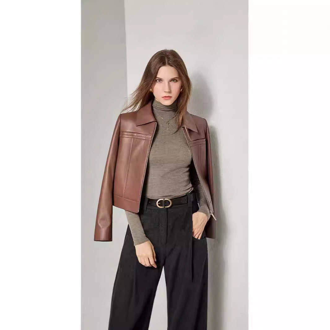 海宁秋新款真皮绵羊皮短款矮个子显瘦正肩方领休闲皮衣女外套夹克