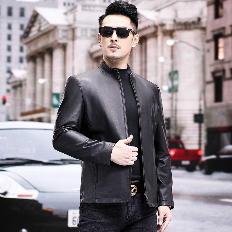 新款海宁中年商务休闲皮夹克胎牛皮立领简约秋季单装薄款男士外套