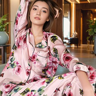 心头宝 印花重磅真丝睡衣长袖长裤100桑蚕丝加大码套装家居服套装
