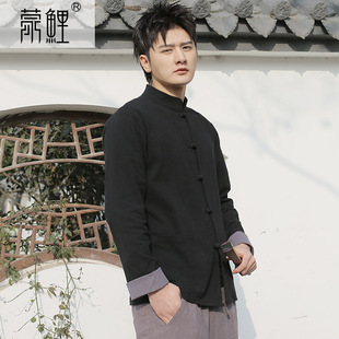 跨境新款 透气休闲男装 男式 中国风棉T恤长袖 衬衫 春秋季