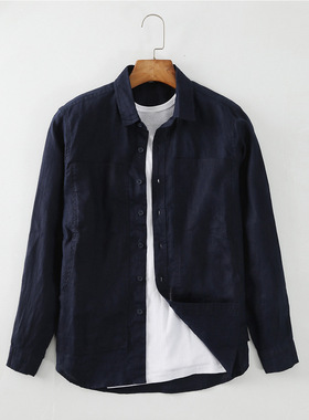 春夏款亚麻男装 休闲亚麻衬衫男 宽松翻领简约长袖衬衫C037