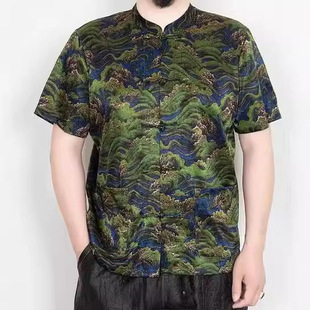 香云纱中缎唐装新中式国风男装衬衣衬衫真丝上衣立领盘扣男短袖