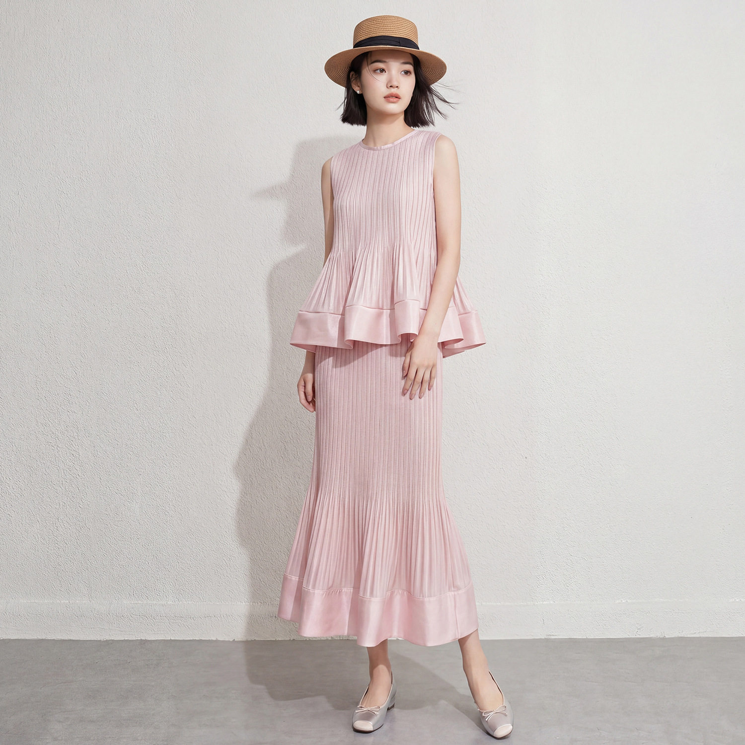 夏季新款压褶两件套三宅风无袖收腰上衣+鱼尾半身裙通勤百搭套装