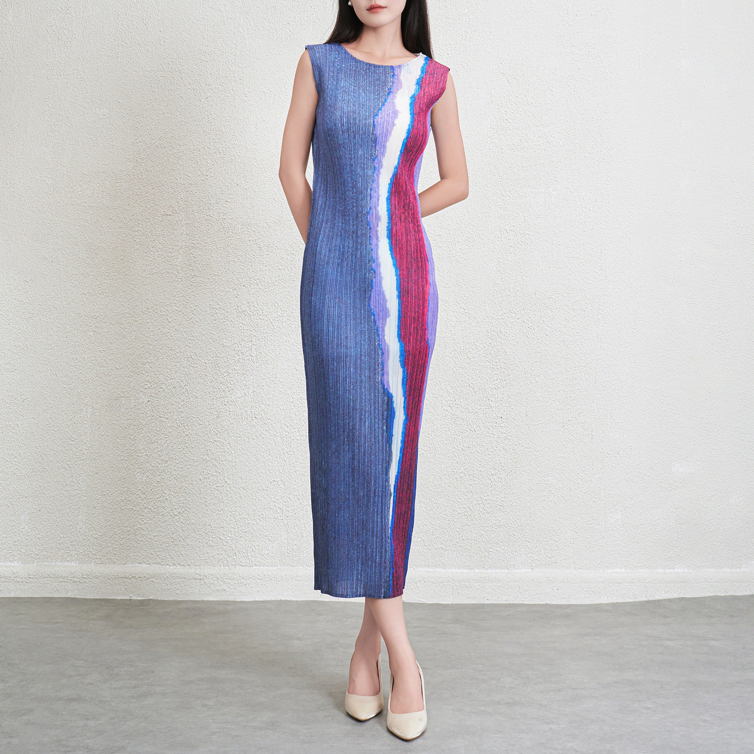 复古条纹印花拼色直筒裙女中长款夏季百搭显瘦褶皱无袖背心连衣裙