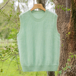 特调色系 拉绒100纯山羊绒拉绒花纱马甲圆领背心套头针织衫女