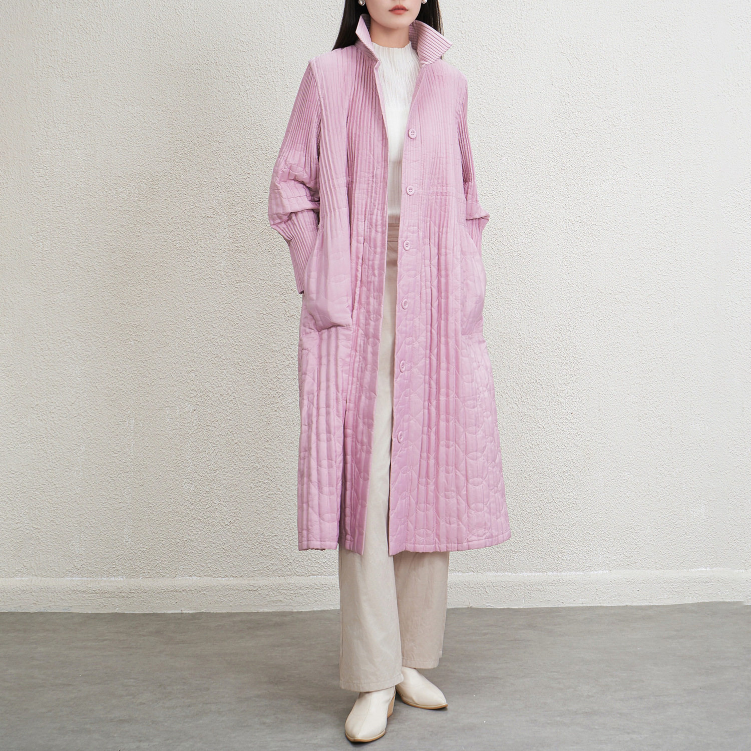 直供褶皱翻领风衣女秋冬新款宽松显瘦百搭中长款加厚棉服外套