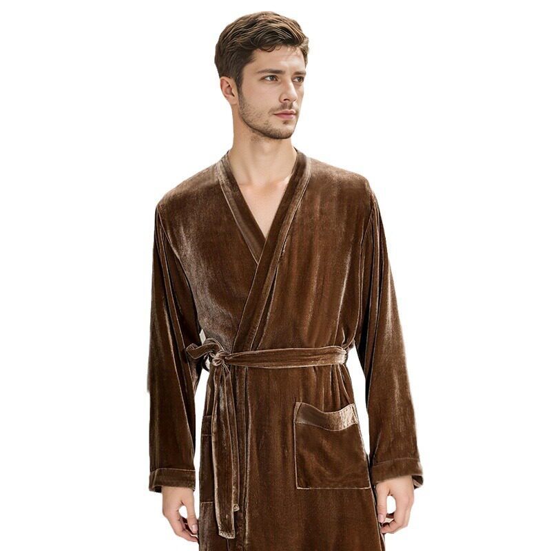 真丝丝绒睡袍男士秋冬加厚保暖可外穿中长款浴袍桑蚕丝家居服晨袍