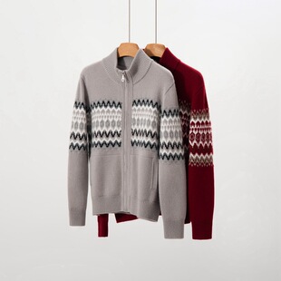 双股加厚开衫半高领女式100纯山羊绒拉链外套秋冬新款费尔岛提花