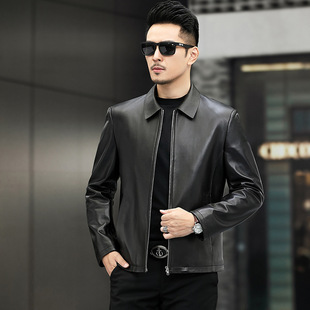 潮流 皮衣外套海宁真皮商务翻领大衣中老年爸爸装 新款 绵羊皮拉链款