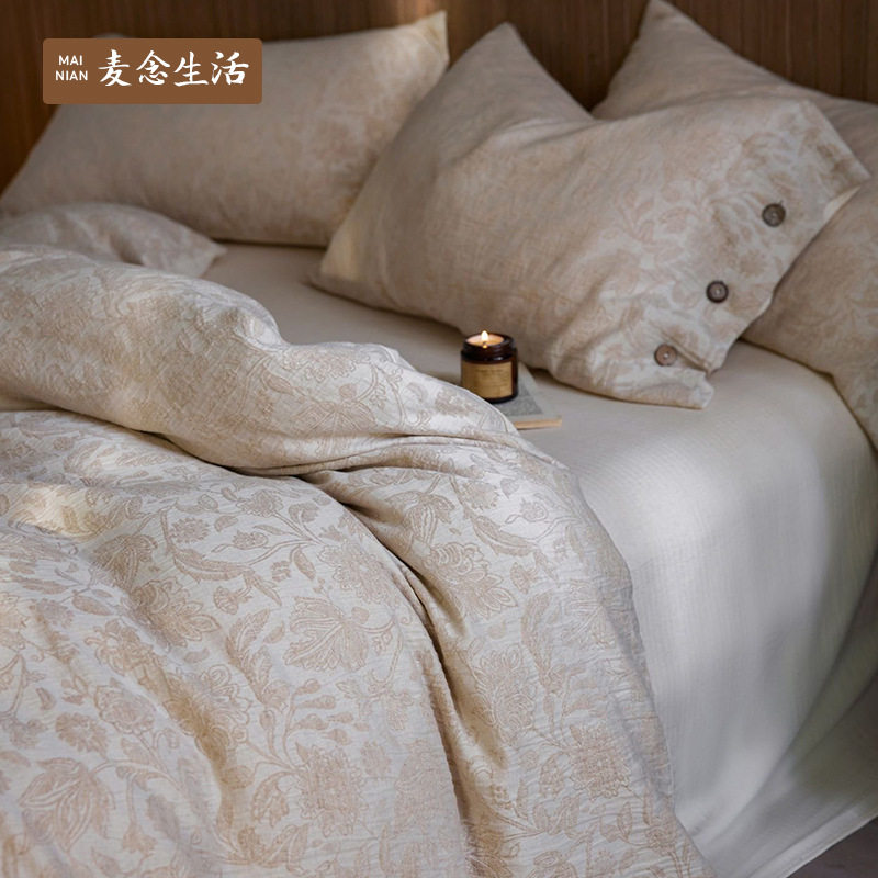 松弛感~棉麻四件套纽扣式轻奢高级感A类贴身透气休闲被套床单床笠