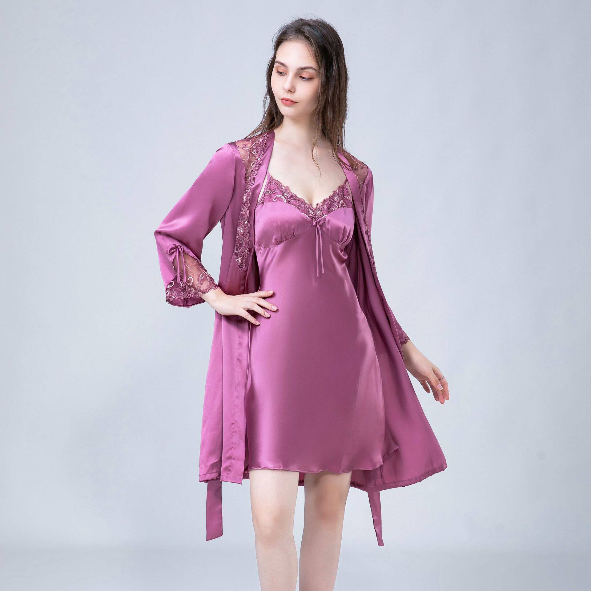 女士春夏季新款100%桑蚕丝吊带睡裙睡袍两件套睡衣女真丝套装2445