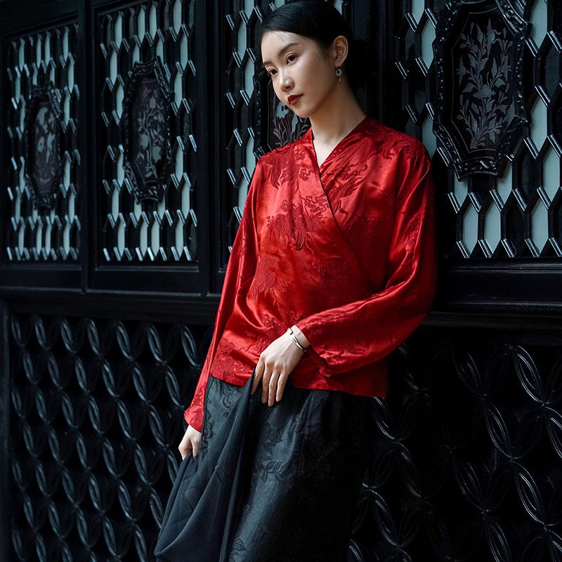新中式汉服女式衬衣真丝桑蚕丝长袖系带中国风上衣禅修服