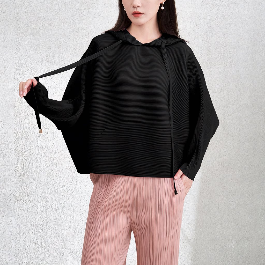 三宅时尚减龄洋气褶皱连帽卫衣女春秋新款休闲宽松显瘦蝙蝠袖上衣