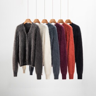 100纯山羊绒衫针织加厚开衫女式V圆领拉绒工艺毛衣外套秋冬新款