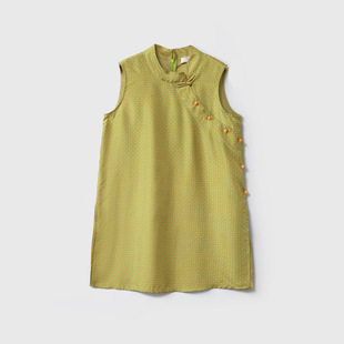 真丝斜纹绸上衣女奥黛长款宽松侧边盘扣100桑蚕丝无袖T恤夏新款