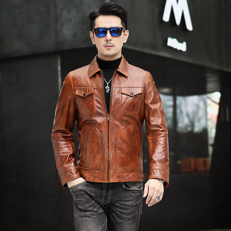 新款青年男士皮夹克真皮翻领春秋季薄款单装皮外套短款休闲海宁潮