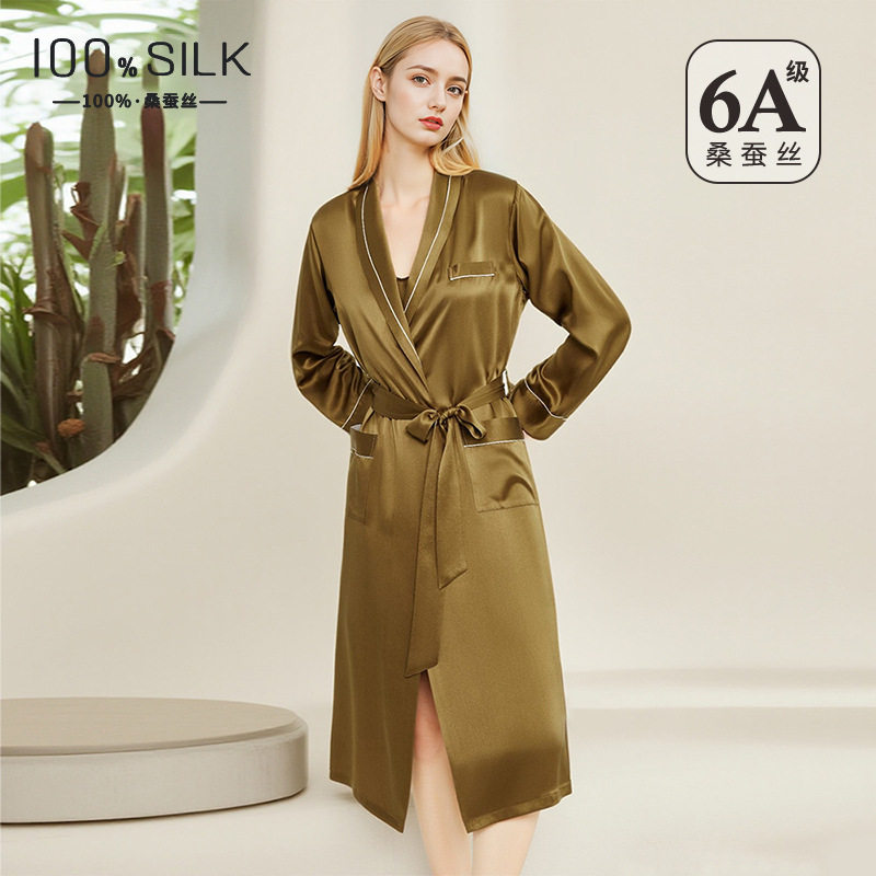 新款19姆米重磅真丝睡袍女士系带长款晨袍100%桑蚕丝绸单袍家居服