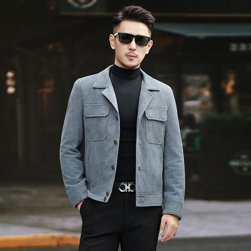 2026年春季新款男青年潮真皮绵羊皮时尚休闲翻领修身皮夹克外套