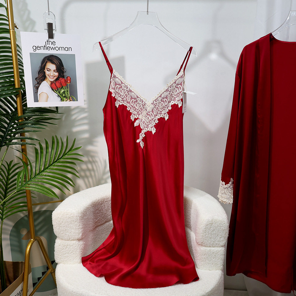 轻奢感重工刺绣重磅真丝吊带睡袍套装女红色结婚桑蚕丝家居服晨袍