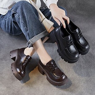 真皮女鞋春秋单鞋新款轻奢擦色厚底小皮鞋英伦复古系带乐福鞋