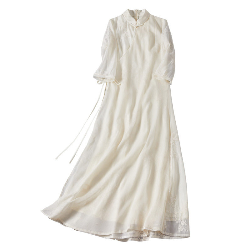 婵茶赋新款高端天丝纱绣花中式立领旗袍式改良款连衣裙茶服裙