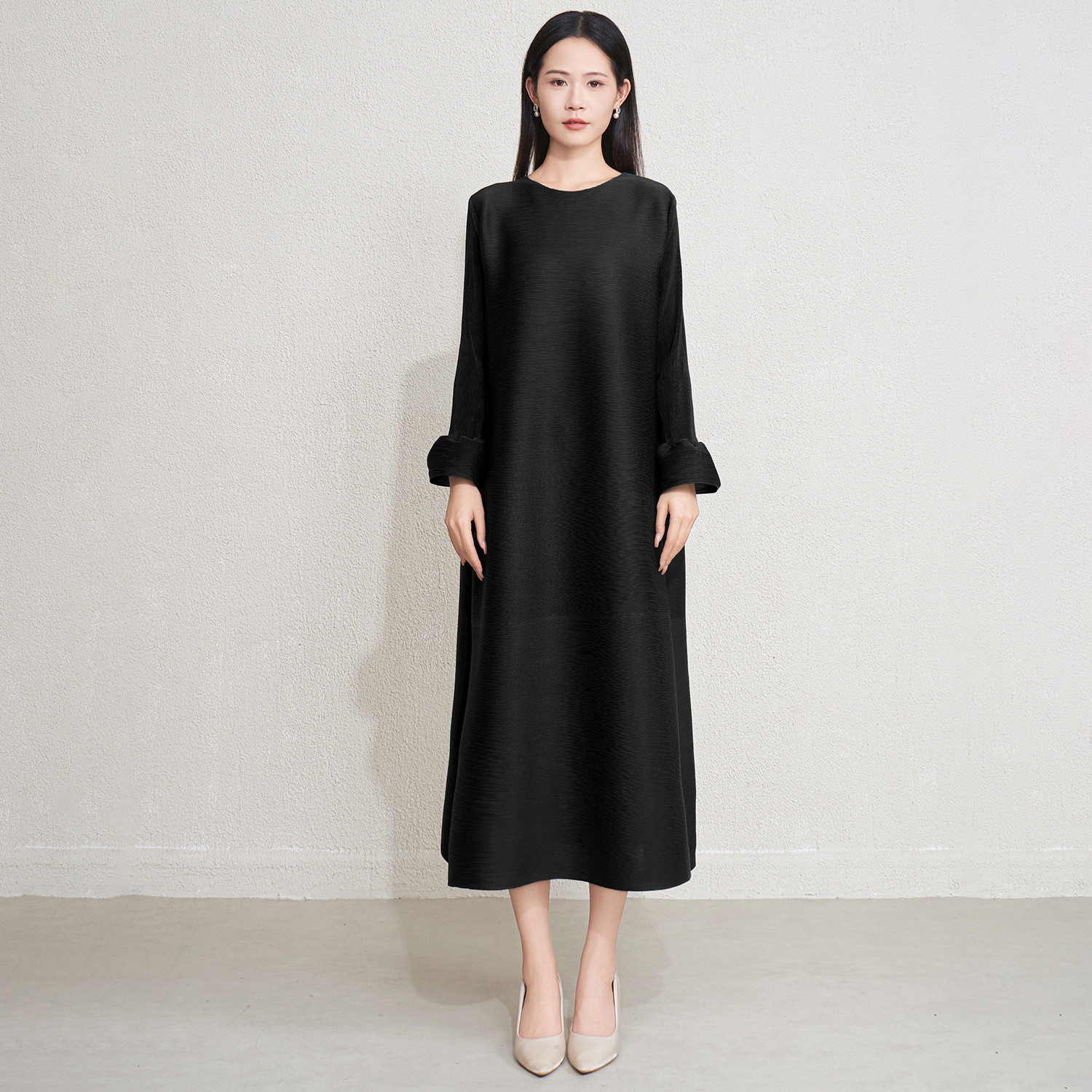 欧美跨境春款长款褶皱裙子修身简约时尚大码女装服饰高级感连衣裙