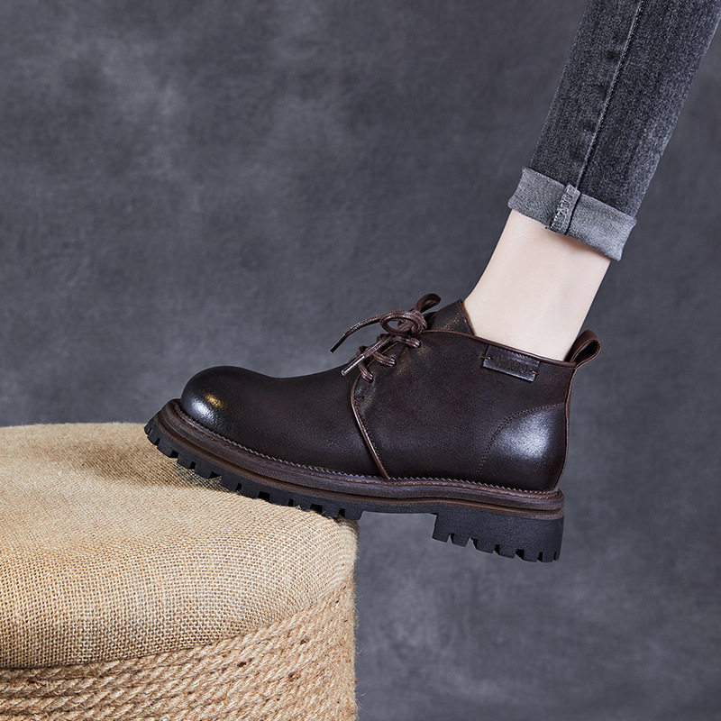 爆款真皮厚底大头皮鞋女英伦风高端头层牛皮深口单鞋复古马丁短靴