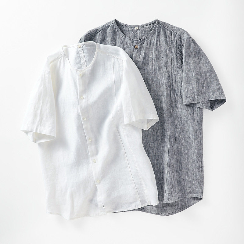 2024夏季亚麻男装新款小清新圆领亚麻衬衫简约透气衬衣男B008