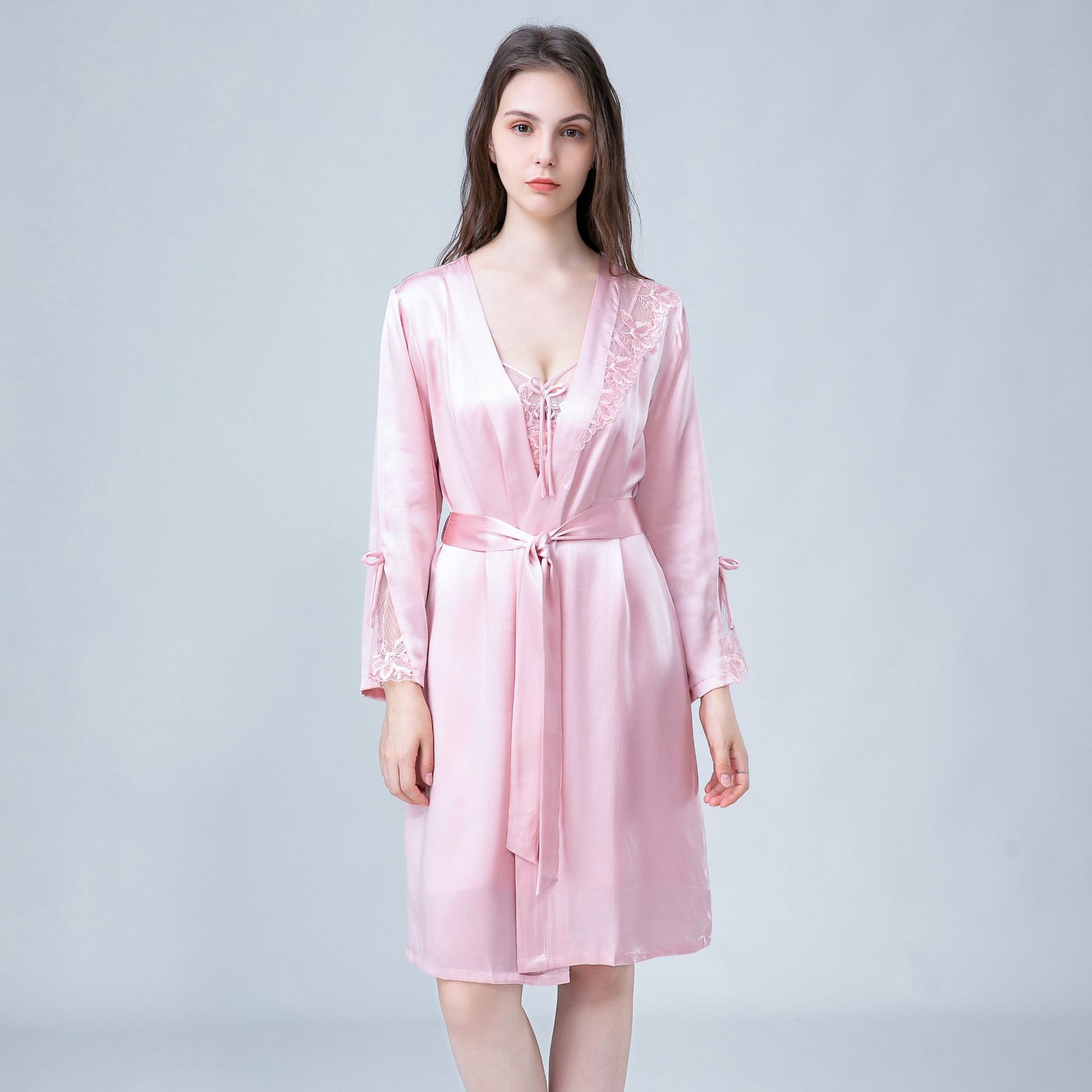 厂家真丝睡袍女夏春秋性感丝绸浴袍100%桑蚕丝服两件套睡衣  2851