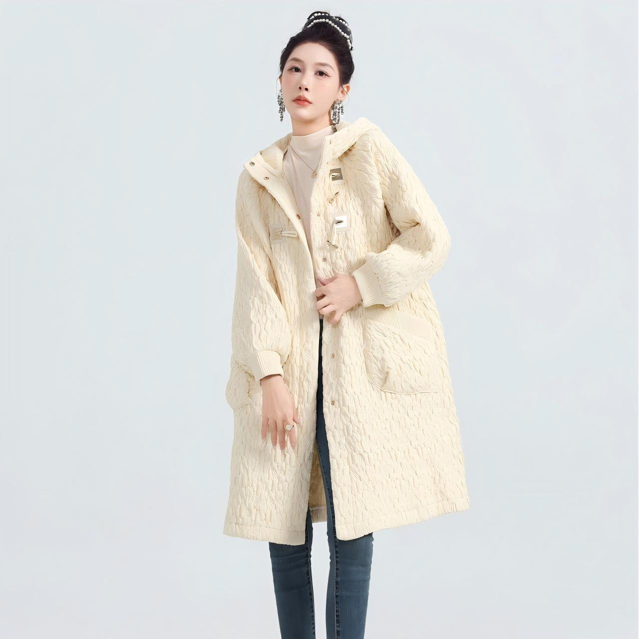 新款褶皱连帽纯色中长款大衣冬季宽松时尚休闲外套女中长款棉服女