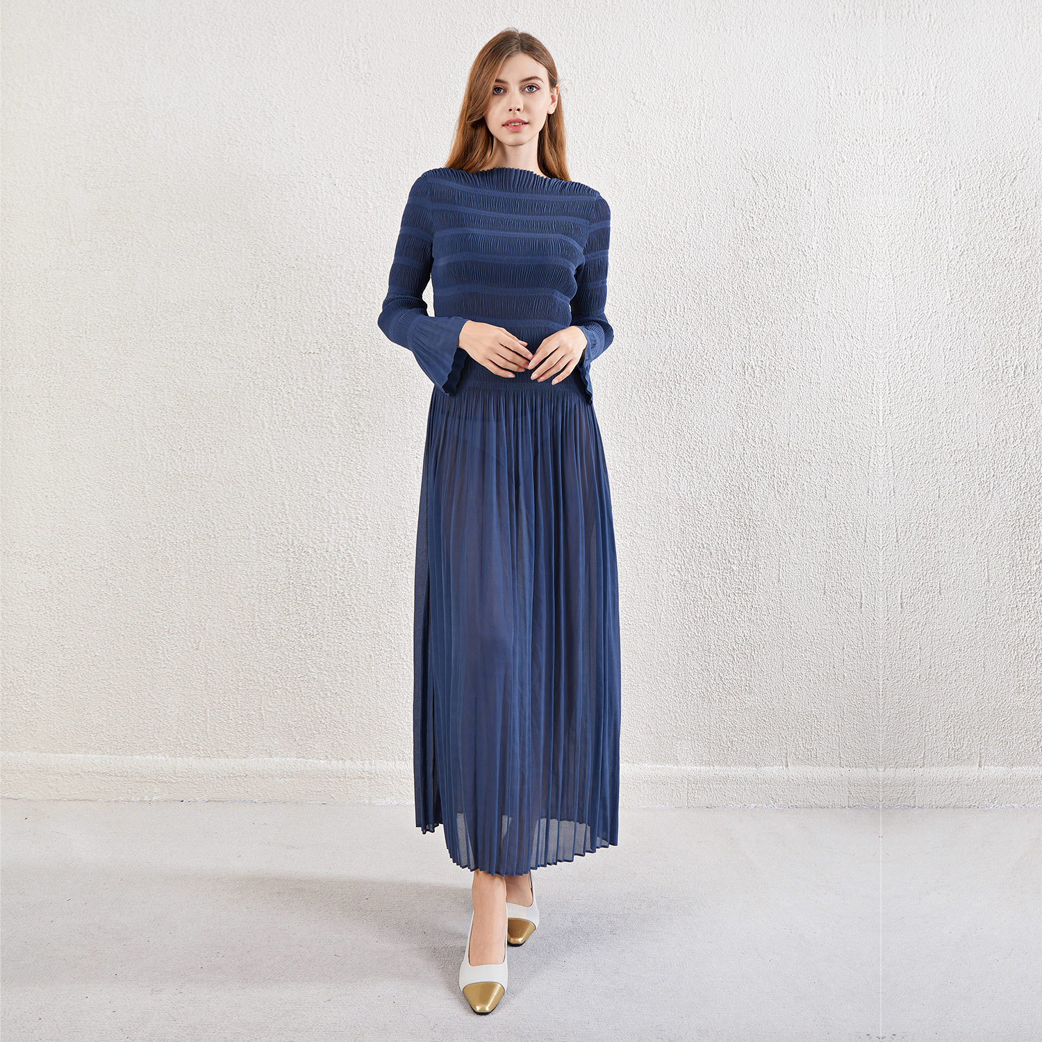 欧美女装长袖连衣裙女2024早秋新款大码修身圆领优雅气质A字长裙