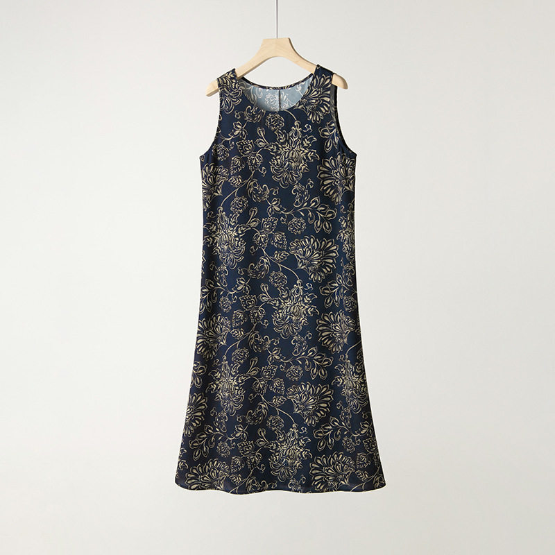 春季重磅真丝连衣裙女圆领印花a字裙通勤无袖桑蚕丝背心裙中长款