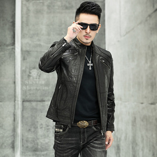 皮衣男真皮小牛皮复古风格 秋冬拉链立领休闲动物图案青年短装
